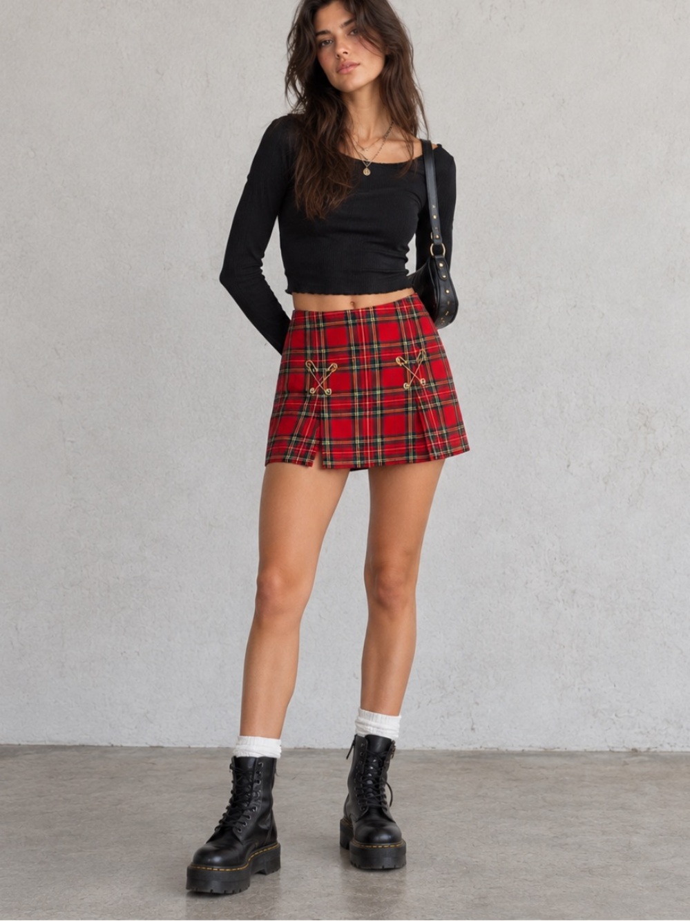 Y2K Punk Grunge Alt Red Tartan Plaid Safety Pin Mini Skirt M